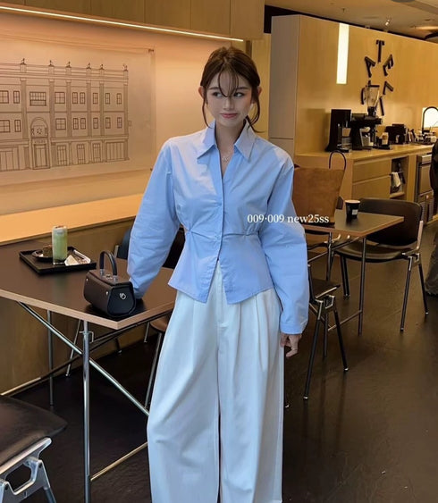 Women Style Collar Down Shirt With Back Tie Shirts